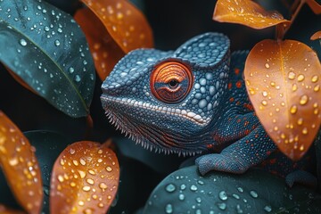 Colorful chameleon in vibrant foliage with water droplets