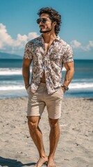 A young man with tanned skin enjoys a summer day at the beach, wearing a stylish paisley print shirt and beige shorts.  The ocean provides a stunning backdrop.