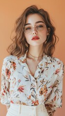 A young woman with light brown hair and fair skin looks directly at the camera. She's wearing a delicate floral blouse and gold-rimmed glasses.