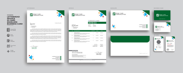 Modern Lettehrad, Envelope, Business Card, Invoice & ID Card Design Template