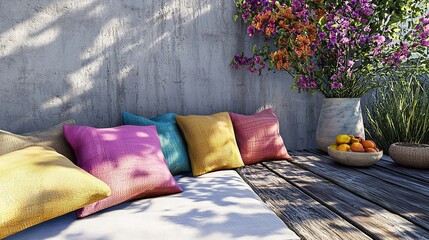 A cozy outdoor seating area with colorful pillows and a warm atmosphere