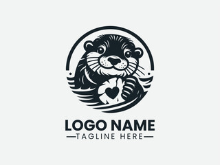Otter with Favorite Stone Logo Design, Stone Loving Otter Logo, Cute Otter Stone Logo