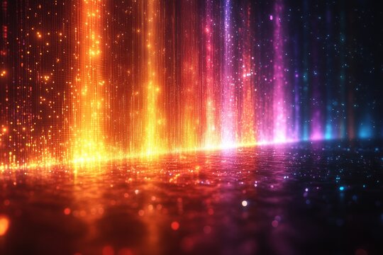 Colorful digital rain, glowing particles, abstract background, stage