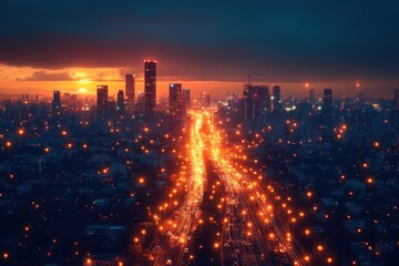 Obraz premium Aerial view of city highway at sunset. Busy cityscape background. Possible use Stock photo