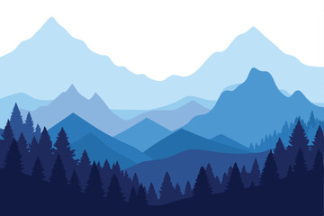 Fototapeta premium Blue Mountain Landscape Silhouette, Forest, Abstract Background, Scenic, Nature, Simple