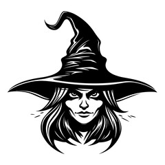 Mysterious black and white portrait illustration of a witch with a hat, perfect for Halloween and fantasy designs.
