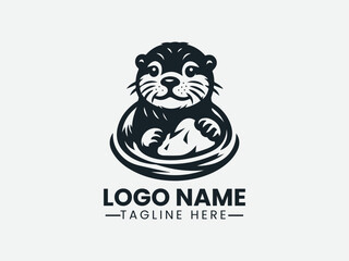 Otter with Favorite Stone Logo Design, Stone Loving Otter Logo, Cute Otter Stone Logo