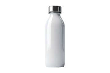 A white water bottle with a silver lid sitting Isolated on White and Transparent Background PNG Image.