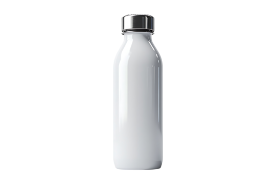 A white water bottle with a silver lid sitting Isolated on White and Transparent Background PNG Image.