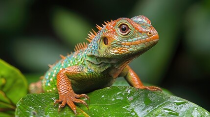 Obraz premium Vibrant lizard on leaf, jungle backdrop, nature poster