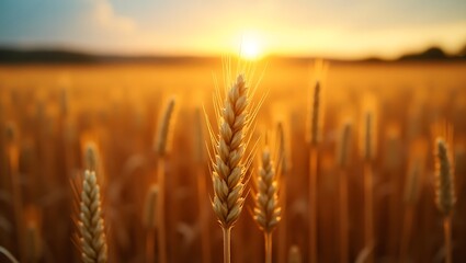 Golden wheat field at sunset, warm tones, close-up of wheat stalks