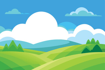 Cartoon Landscape Green Fields, Hills, Fluffy White Clouds, Blue Sky, Daylight
