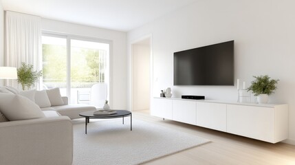 Modern minimalist living room with large windows and a flat-screen TV.  A neutral color palette, clean lines, and ample natural light create a bright and airy space
