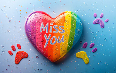 rainbow heart, paw prints, miss you message, pet remembrance, love, loss, sympathy, colorful design, greeting card, vibrant, cheerful, sentimental mood, graphic, digital art, illustration
