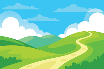 Obraz premium Cartoon Landscape Winding Path, Green Hills, Blue Sky with Clouds, Nature Scenery