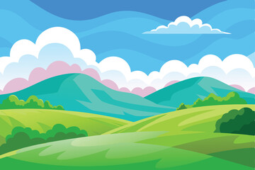 Obraz premium Cartoon Landscape Vector. Vivid Sky, White Clouds, Hills, Green Fields, & Trees