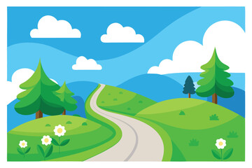 Obraz premium Cartoon Landscape Winding Road, Green Hills, Trees, Clouds, & Sky, Bright Colors