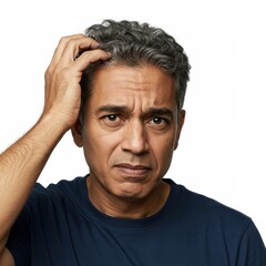 A thoughtful man scratches his head, looking uncertain and contemplative against a plain background.