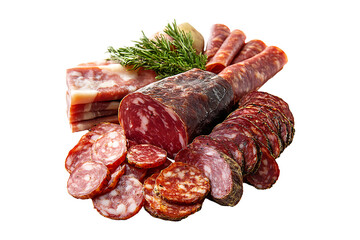 Assortment of cured meat Isolated on White and Transparent Background PNG Image.