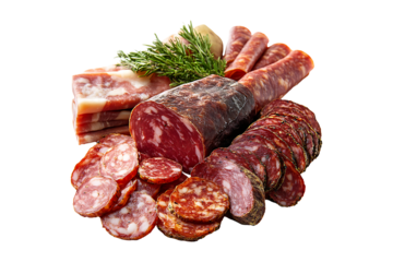 Assortment of cured meat Isolated on White and Transparent Background PNG Image.