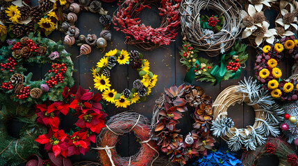 Naklejka premium Diverse Assortment of Festive and Seasonal Handmade Wreath Creations