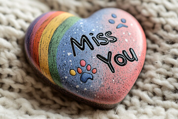 rainbow heart, paw prints, miss you message, pet remembrance, love, loss, sympathy, colorful design, greeting card, vibrant, cheerful, sentimental mood, graphic, digital art, illustration
