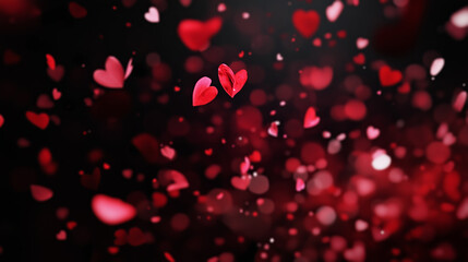 Background with floating red hearts against dark background, romantic and dreamy Valentine s Day concept