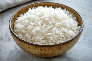 A full bowl of white cooked rice close up view