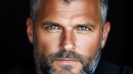 Obraz premium Close-up portrait of a mature man with gray hair and a beard, intense gaze