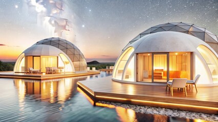 Obraz premium Luxury Vacation Modern dome-shaped structures on water, illuminated at sunset, creating a serene atmosphere.