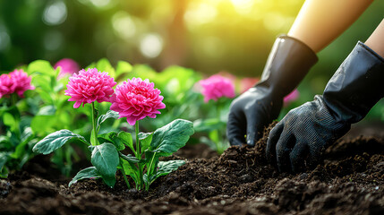 Fototapeta premium Gardening: Planting Pink Dahlia Flowers in the Garden