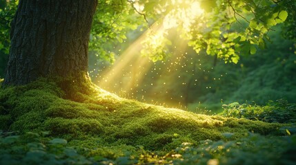 Sunlight streams through forest canopy onto mossy forest floor