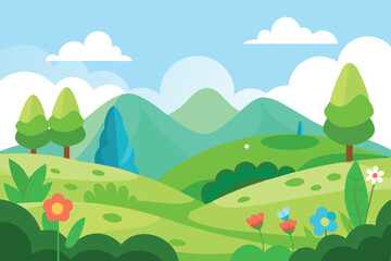 Obraz premium Cartoon Landscape with Green Hills, Flowers, Trees, Blue Sky, and White Clouds Scenery