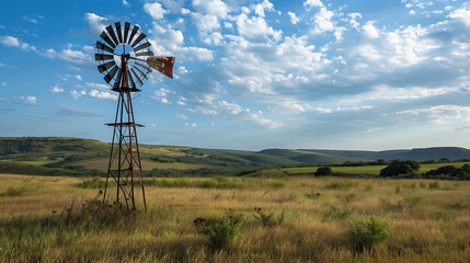 A metal windmill in a grassy field 