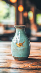 Handmade ceramic vase with bird design on rustic wooden table