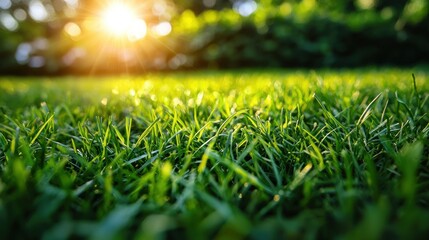 Naklejka premium Sunlight Glimmers on Lush Green Grass at Sunset