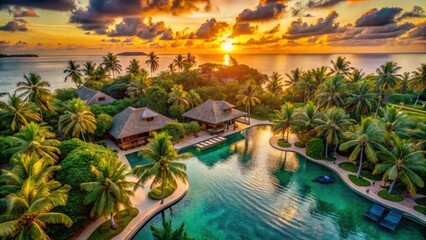 Luxury Vacation Serene aerial view of a tropical resort at sunset, surrounded by palm trees and a tranquil lagoon.