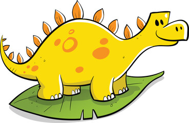 yellow bronthosaurus dinosaur standing on big green leaf