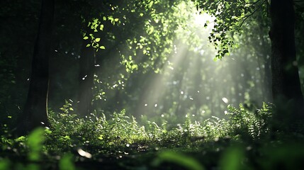 Obraz premium A peaceful forest with golden sunlight streaming through the tall trees, creating a warm and calming atmosphere.