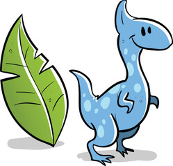 Blue dinosaur standing near a green leaf