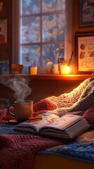Warm autumn setup with a soft knitted blanket, a book, and a cup of hot tea creates comfort. Vertical.