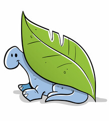 little blue dinosaur hiding under a big green leaf