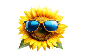 Cheerful Sunflower with Sunglasse Isolated on White and Transparent Background PNG Image.