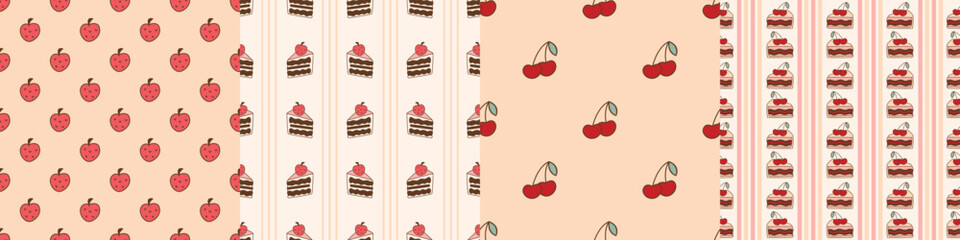 Set of cute prints with cakes and berries of strawberries and cherries. Seamless pattern festive delicious pastries. Backgrounds with pieces of biscuit cakes with berries, vector graphics