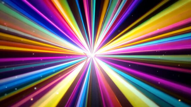 Abstract Colorful Beams Emanating From Central Point Against Dark Background with Sparkle Particles