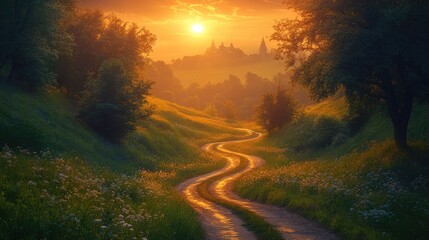 Obraz premium Winding road sunset, misty hills, monastery backdrop, travel postcard