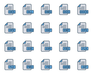 Filled blue outline icons set for File format.
