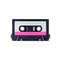 Retro audio cassette tape with pink and white label isolated on transparency background.