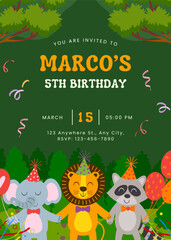 Forest life Birthday party invitation template vector illustration. Birthday boy invitation card design.