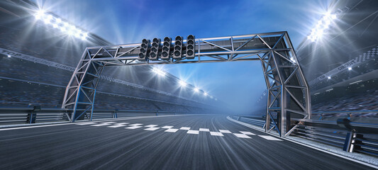 Finish line on a race track with metal gate construction and floodlights illuminating sports racing stadium. Professional 3D illustration for sports advertising.